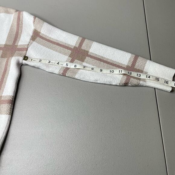 Max Studio V-Neck Sweater Long Sleeve Ribbed Hem Plaid Pullover Brown White L - Picture 12 of 12